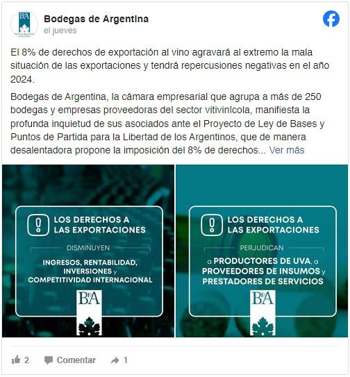 Campaña en redes sociales (Facebook) de Bodegas de Argentina, contra el 8% de aumento de las retenciones a la exportación de vino