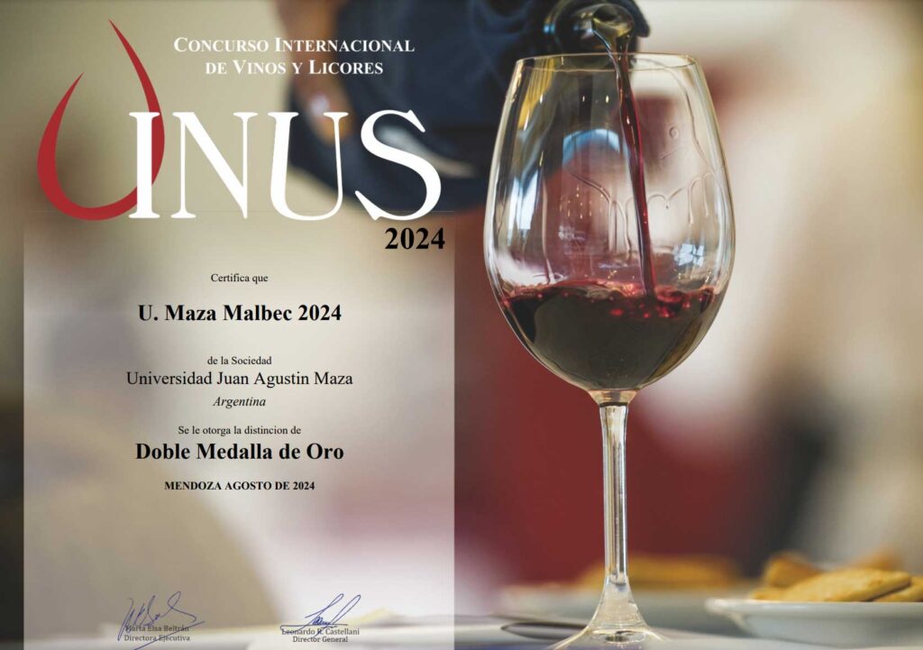 Diploma otorgado por VINUS 2024 a la Universidad Juan Agustín Maza por su Umaza, Malbec